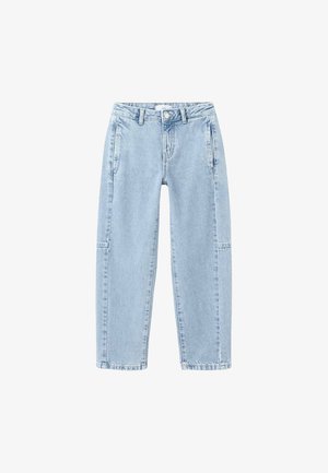 Svetlo modre jeans hlače z ravnimi hlačnicami, sprednjimi žepi, zankami za pas in zapiranjem na gumb in zadrgo.
