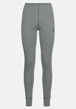 Gray athletic leggings made of soft material with a fitted design, featuring a logo on the upper thigh and ribbed cuffs at the ankles.