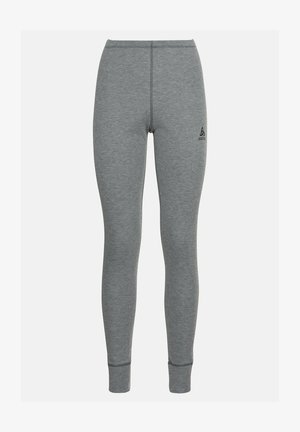 Gray athletic leggings made of soft material with a fitted design, featuring a logo on the upper thigh and ribbed cuffs at the ankles.