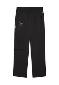 Schwarze Sporthose mit elastischem Bund, ausgestattet mit einer seitlichen Cargo-Tasche und Logo-Akzenten in Gelb. Leichtes, strapazierfähiges Material.