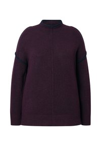 Maglione lungo a maniche lunghe di colore viola scuro con colletto alto, bordatura blu navy attorno al colletto e alle maniche, e orlo a coste nella parte inferiore.