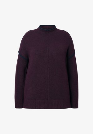 Tumman violetti pitkähihainen villapaita, jossa on korkea kaulus, tummansinihtä viimeistelyä kauluksessa ja hihansuissa, sekä ribbireunus alaosassa.