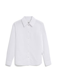 Camicia bianca con bottoni realizzata in cotone morbido, con colletto classico, maniche lunghe e polsini con un solo bottone. Senza motivi o accenti.