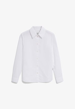 Weißes Hemd aus glattem Baumwollstoff, mit klassischem Kragen, langen Ärmeln und Ein-Knopf-Manschetten. Keine Muster oder Akzente.