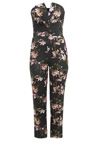 Czarny kombinezon w kwiatowy wzór z różowymi i żółtymi kwiatami, bez ramiączek, dopasowany krój i proste nogawki. Gładka tekstura, elegancki wzór.