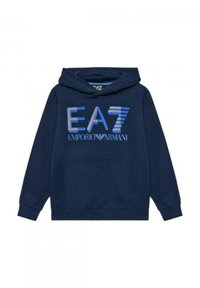 Felpa blu navy in cotone, con tasca a canguro, cappuccio con cordino e un audace logo "EA7 Emporio Armani" in tonalità di blu.