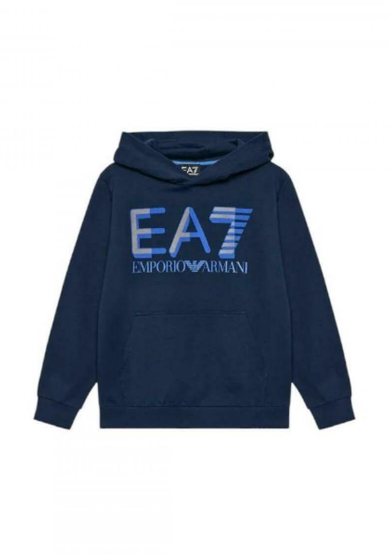 Felpa blu navy in cotone, con tasca a canguro, cappuccio con cordino e un audace logo "EA7 Emporio Armani" in tonalità di blu.