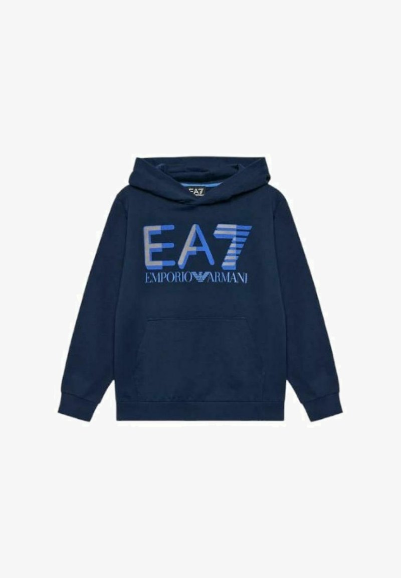 Marineblaue Kapuzenjacke aus Baumwolle, mit einer Kängurutasche, verstellbarem Kapuzenzug und auffälligem "EA7 Emporio Armani"-Logo in Blautönen.