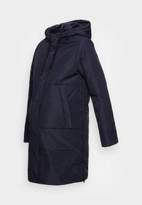 Abrigo de maternidad acolchado en azul marino con capucha, con forma rectangular, bolsillos frontales y cordones elásticos en el escote.