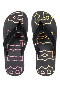Chanclas negras con patrones gráficos contrastantes en rosa y amarillo, con una plantilla texturizada y tiras delgadas negras.