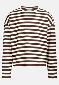Bruin en crème gestreepte longsleeve top, met een ribbelstructuur en een ronde halslijn, en verlaagde schouders voor een ontspannen pasvorm.