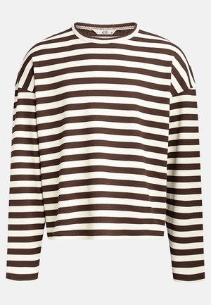 Brown and cream striped long-sleeve top, featuring a ribbed texture and a crew neckline, with dropped shoulders for a relaxed fit.