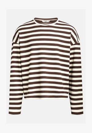 Brun og creme stribet langærmet top med ribbet tekstur og rund halsudskæring, samt faldende skuldre for en afslappet pasform.
