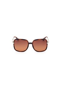 Gafas de sol en carey marrón con lentes degradados, forma cuadrada, acentos en tono dorado en las varillas y un acabado brillante.