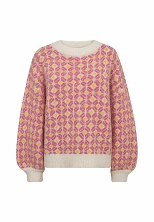Pull en maille à motifs roses et jaunes avec col rond, poignets et ourlet côtelés crème, manches longues ballon.