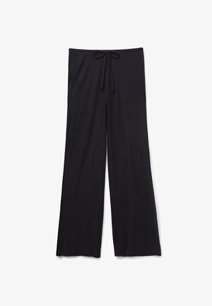 Zwarte wijde broekspijpen van geribd stof, voorzien van een taille met trekkoord. Het ontwerp is naadloos zonder zichtbare hardware of patronen.