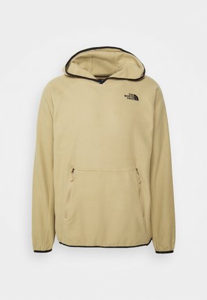 Beige fleece pullover hoodie met voorzakken met ritssluiting en zwarte bies, met het The North Face-logo op de linkerborst.