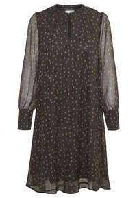 Robe noire à manches longues avec des pois marron irréguliers, encolure froncée, manches transparentes et larges poignets boutonnés.