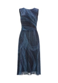 Robe sans manches en tissu bleu foncé avec un motif tourbillonnant dans des tons de bleu clair. Silhouette en A, longueur au genou et finition texturée.