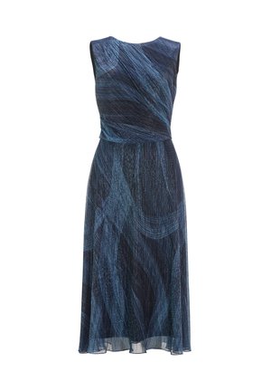 Sukienka bez rękawów w ciemnoniebieskim materiale z wirującym wzorem w jaśniejszych odcieniach niebieskiego. Siluetka w kształcie litery A, do kolan, z teksturowanym wykończeniem.