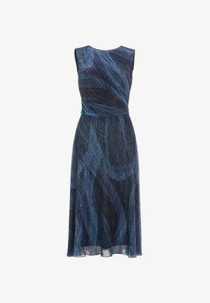 Robe sans manches en tissu bleu foncé avec un motif tourbillonnant dans des tons de bleu clair. Silhouette en A, longueur au genou et finition texturée.