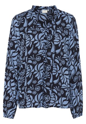 Bluză bleumarin cu motive florale albastre, mâneci lungi, guler fronsat și închidere cu nasturi. Material ușor, texturat.