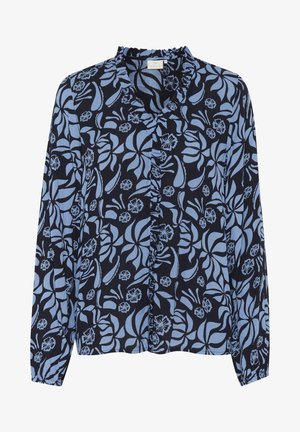 Marinblus med blå blommönster, långa ärmar, volangkrage och knäppning framtill. Lättvikts, texturerat tyg.