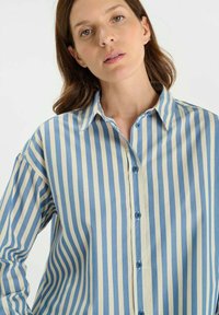 Una donna con la pelle chiara e i capelli castani indossa una camicia a righe verticali blu e beige con colletto, rivolta in avanti su uno sfondo semplice.