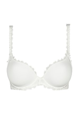 Soutien-gorge blanc rembourré avec bordure en dentelle sur les bonnets et les bretelles, avec de petits nœuds décoratifs près des bretelles.