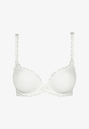 Soutien-gorge blanc rembourré avec bordure en dentelle sur les bonnets et les bretelles, avec de petits nœuds décoratifs près des bretelles.