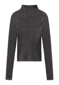 Dunkel grauer Strick-Halswärmer-Pullover mit strukturiertem Rippenmuster und langen Ärmeln, cropped Design und subtiler Glanz.