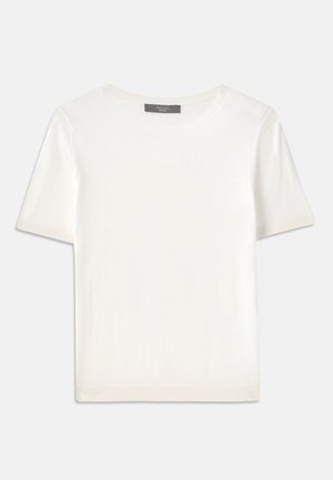 White short-sleeve knit top with a round neckline, featuring a smooth texture and subtle ribbed accents at sleeves and hem.