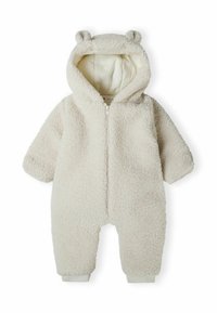 Witte fleece baby romper met een capuchon en berenoren, met een ritssluiting aan de voorkant en elastische manchetten. Zacht, textuurstof met een comfortabele uitstraling.