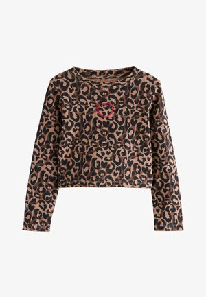 Pitkähihainen, lyhennetty leopardikuosiseksi, jossa on ribbitekstuuri ja pieni punainen sydän brodeerattuna rinnassa.