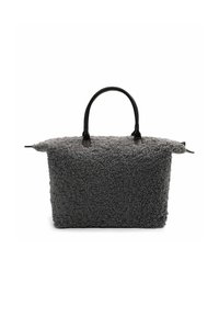 Hall halliga tekstuuriga käekott, millel on pehme ja karvane välimus, tugevad mustad sangad ja struktuurne kuju avatud ülaosaga.