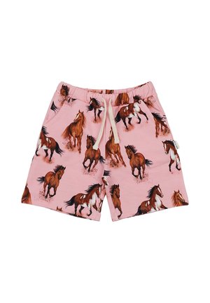 Pink elastic waist shorts with white drawstring, featuring brown and white galloping horse prints all over.