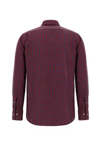 Koszula z długim rękawem o czerwono-granatowym wzorze w kratę, kołnierzyk zapinany na guziki, składane mankiety i zaokrąglony dół. Materiał bawełniany.
