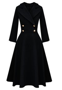 Czarna sukienka dżinsowa z podwójnym zapięciem, złotymi guzikami, kołnierzem szalowym i długimi rękawami. Rozkloszowana spódnica sięgająca do połowy łydki.