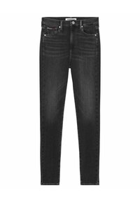 Jeans de denim negro ajustados con una cintura de altura media, diseño de cinco bolsillos, un ligero desgastado y herrajes de metal en la cintura y las aberturas de los bolsillos.
