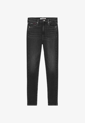Jeans de denim negro ajustados con una cintura de altura media, diseño de cinco bolsillos, un ligero desgastado y herrajes de metal en la cintura y las aberturas de los bolsillos.