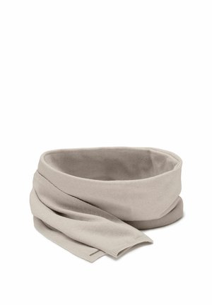 Lysegrå tørklæde lavet af blødt, tekstureret stof; har et bredt bånd og lange, flydende ender til alsidig styling.