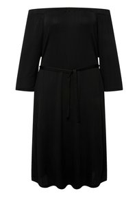 Czarna sukienka na ramiączkach opadających na ramiona z rękawami o długości trzy czwarte, z talią ściśniętą i paskiem do wiązania. Teksturowana tkanina o miękkim wykończeniu oraz falbanym dołem.