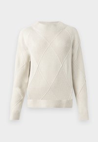 Cremfarbener Strickpullover mit strukturiertem Rautenmuster, rundem Halsausschnitt, gerippten Bündchen und Saum. Weiches Material und lockere Passform.