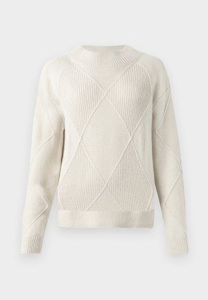 Suéter de malha cream com padrão texturizado em diamante, decote redondo, punhos e bainha canelados. Material suave e corte descontraído.