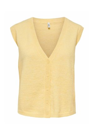 Besiūl ė minkštos geltonos spalvos megzta liemenė su V formos iškirpte ir penkiais priekiniais mygtukais, rodoma ant balto fono.