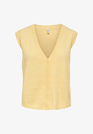 Veste sans manches jaune pâle en tricot, avec encolure en V et cinq boutons sur le devant, présentée sur un fond blanc.