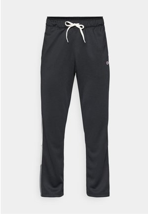 Svarte treningsbukser laget av glatt stoff, med elastisk liv med hvit snøring og sidepaneldetaljer. Logo på livet.