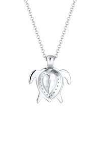 Silbernes Schildkrötenanhänger an einer Kette, mit einer polierten Oberfläche, detailliertem Schalen-Design mit kleinen Löchern und gewölbten Flossen.