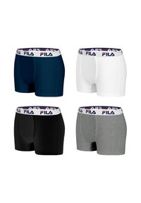 Boxers pour hommes en bleu marine, blanc, noir et gris. Fabriqués en coton, ils sont dotés d'une taille élastique avec un logo Fila rouge et bleu.