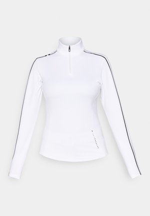 Weißes Langarmoberteil mit hohem Kragen, halbseitigem Reißverschluss, kontrastierenden schwarzen Seitenstreifen und tailliertem Design. Glatte Textur.